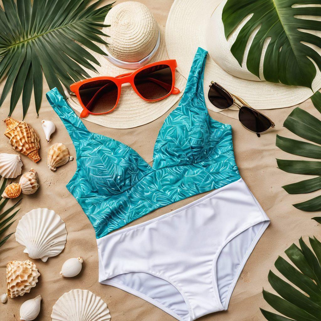 An elegant flat lay of stylish and diverse women's swimsuits arranged artfully on a sandy beach, surrounded by seashells and tropical foliage. Include vibrant beach accessories such as sunglasses, a sun hat, and a beach bag for a chic touch. The sunlight casts playful patterns through palm leaves overhead. A soft ocean wave can be seen in the background. super-realistic. vibrant colors. white background.